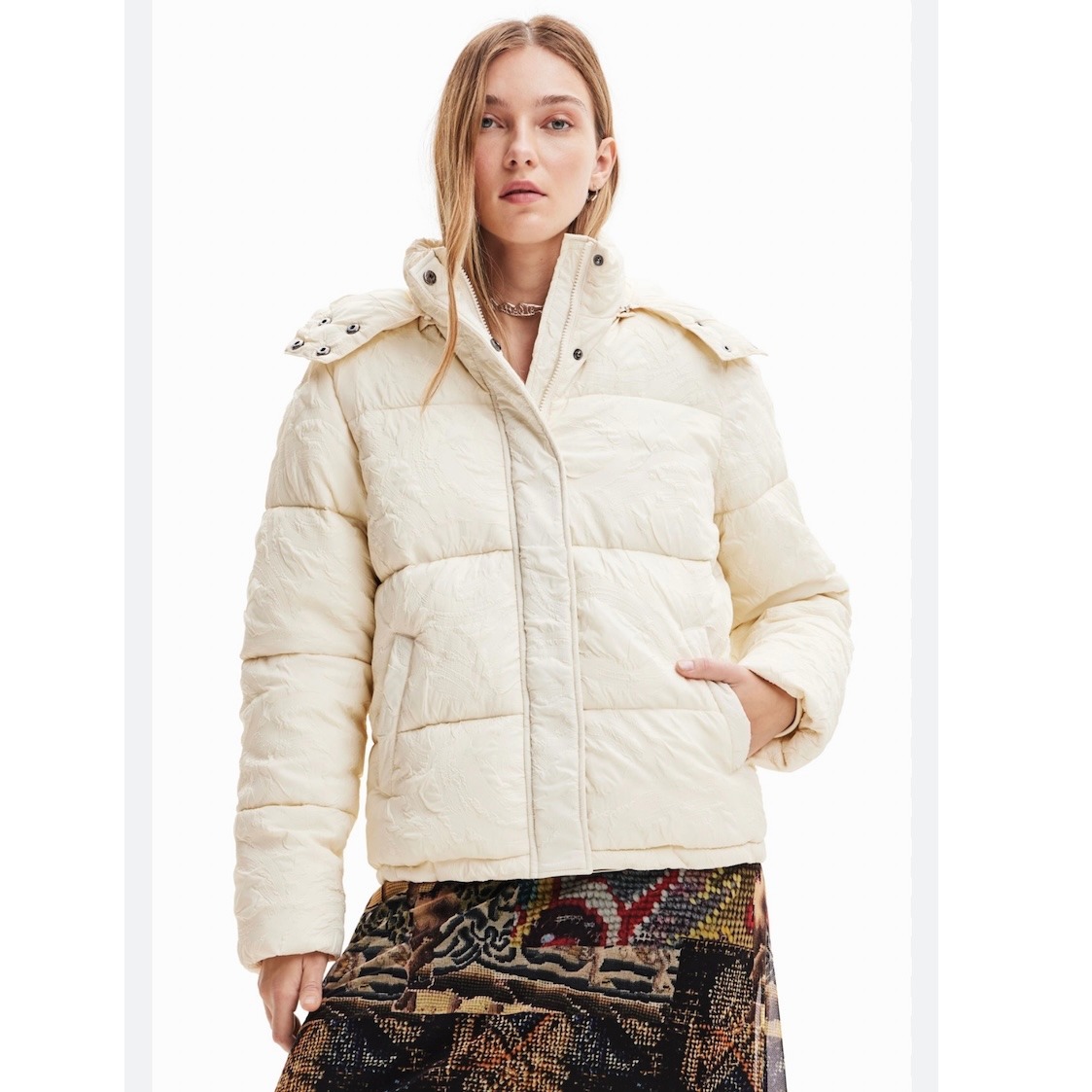 Desigual Cream Textured Quilted Puffer Jacket Full Zip No Hood Women's Small